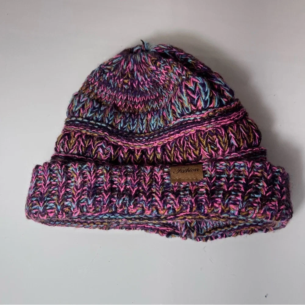 Multi-Color Marled Knit Ponytail Beanie - Purple & Pink Chunky Messy Bun Hat